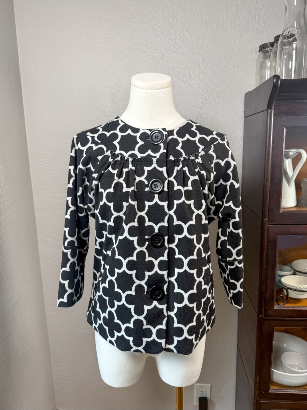 Grace Elements Black White Geometric Print Button Front Jacket Blazer Size 4